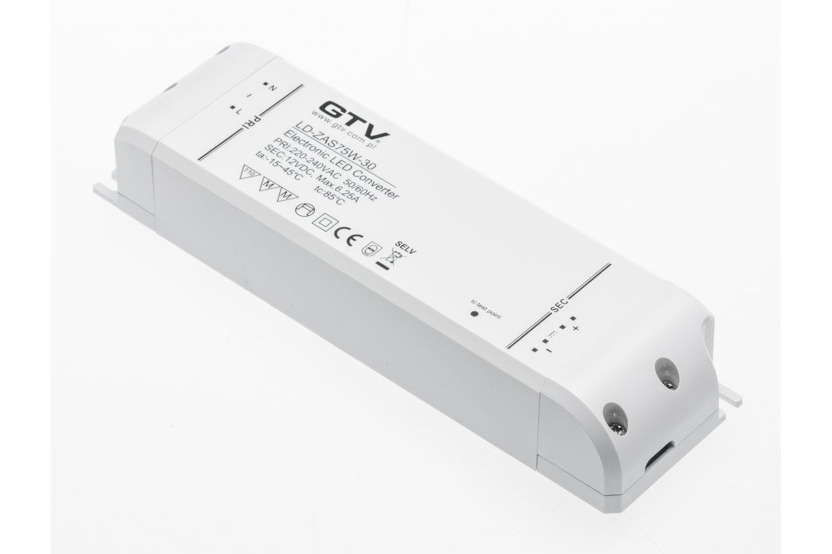 LD-ZAS75W-30 კვების ბლოკი LED WE: 220V-240 V~50 Hz WY; IP 20, 12 V DC / 75W GTV