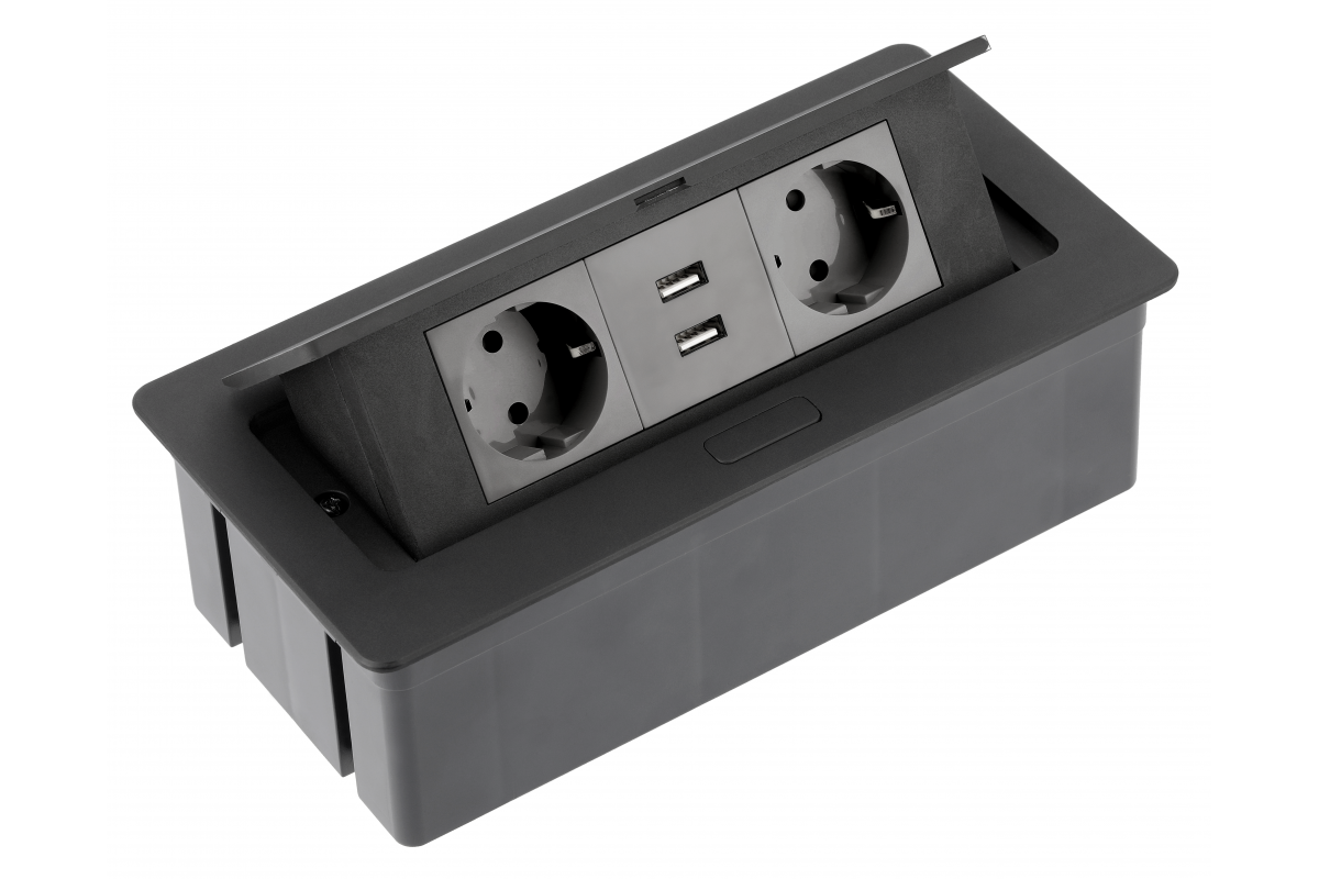 AE-PBSUC2GS-20N დამაგრძელებელი SOFT 2x schuko USB 2,1A, კვების პანელი ჩანგლით, შავი GTV