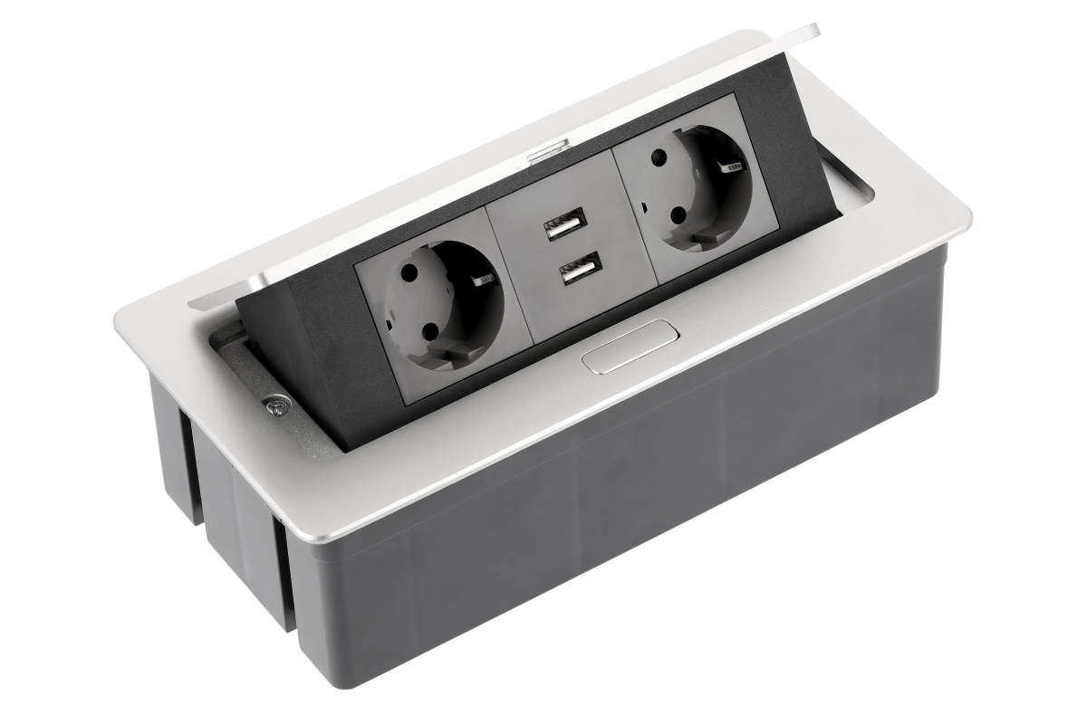 AE-PBSUC2GS-53 დამაგრძელებელი ოფისისთვის SOFT, 2x SCHUKO,USB 2, 1A,კაბელი ჩანგლით,ალუმინისფერი GTV