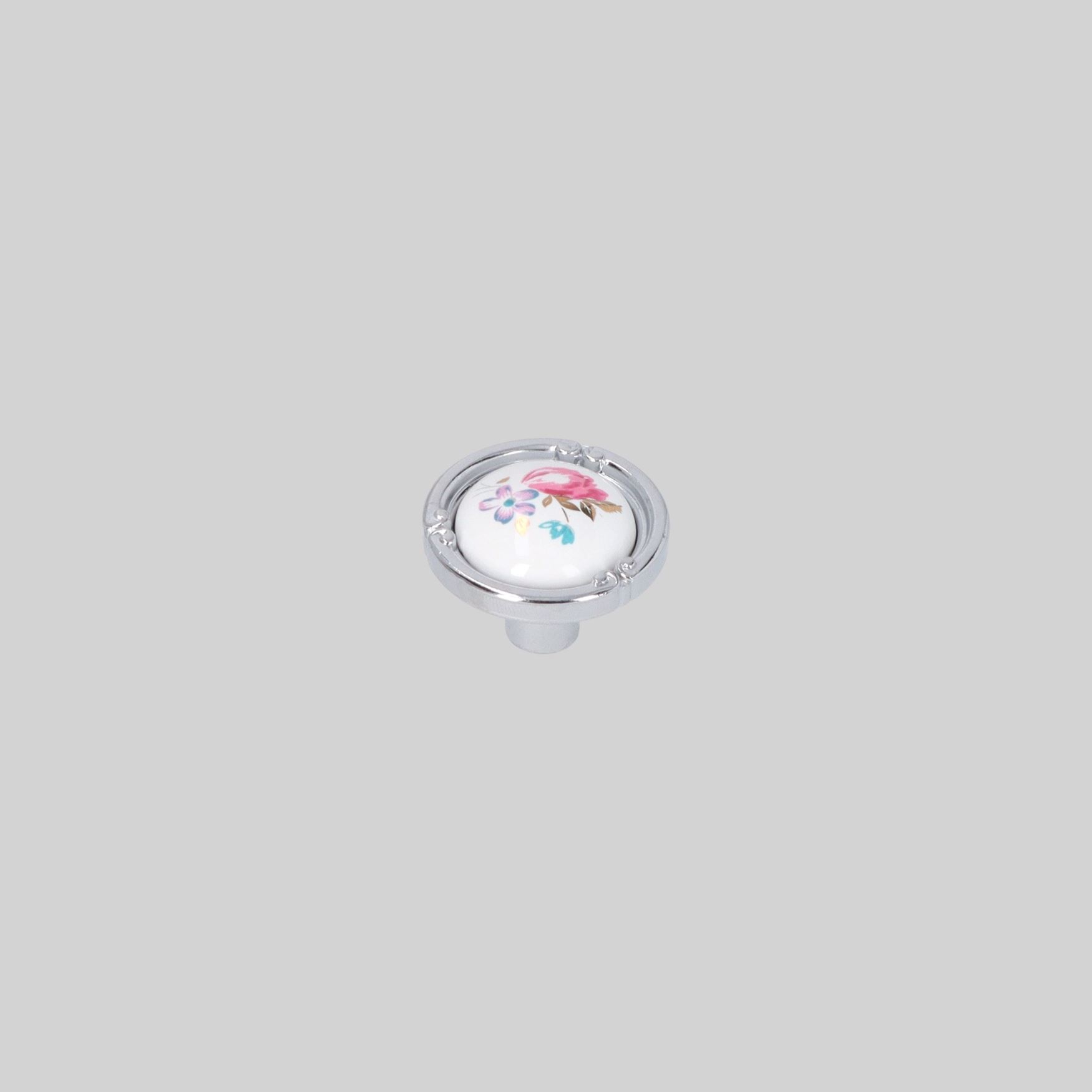 ავეჯის სახელური სოკო კერამიკა ყვავილით Chrome/Beyaz P1310-03