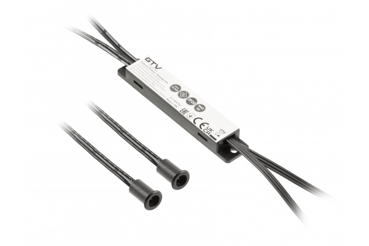 AE-WBE2-20 სენსორული გამომრთველი MIKRO, 12V/36W, IP20, 2 სენსორი, 1 ფუნქციით, კაბელი 2მ და 1.2მ, შავ