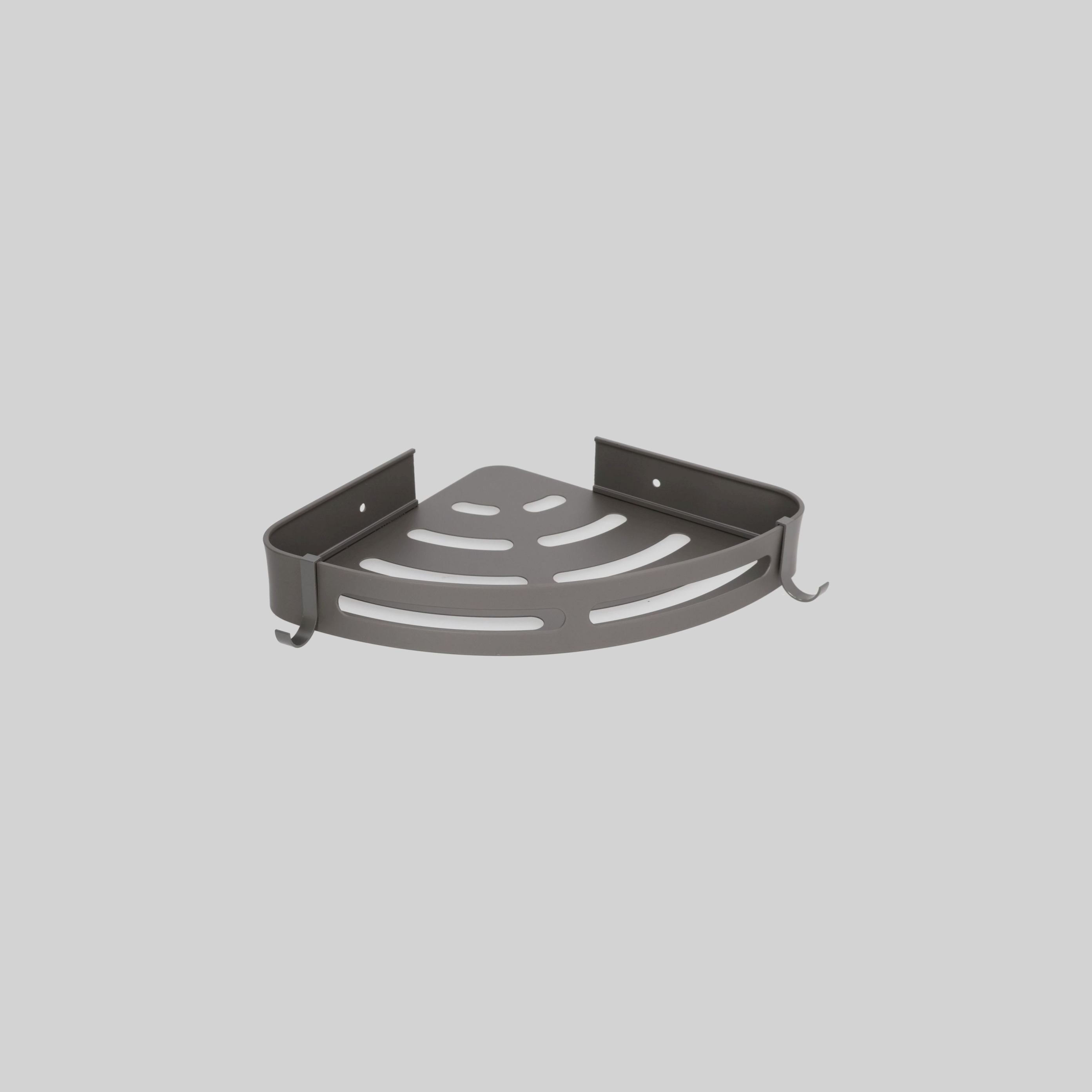 აბაზანის ერთ იარუსიანი კუთხური თარო კაუჭებით 290*40mm ნაცრისფერი AL. TM-B-15