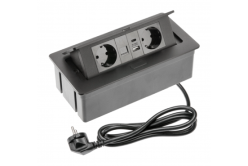 AE-PBSUR2GS-20 ავეჯის როზეტი შავი MULTISOFT, 2xSCHUKO, USB A+C, RJ45, კაბელი ჩანგლით, GTV