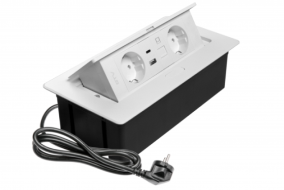 AE-PBSUR2GS-10 ავეჯის როზეტი თეთრი MULTISOFT, 2xSCHUKO, USB A+C, RJ45, კაბელი ჩანგლით, GTV