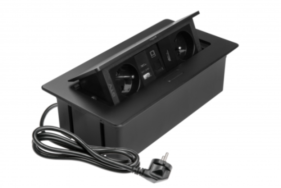AE-PBSURH2GS-20 ავეჯის როზეტი შავი MULTISOFT, 2xSCHUKO, USB A+C, RJ45, HDMI, კაბელი ჩანგლით, GTV