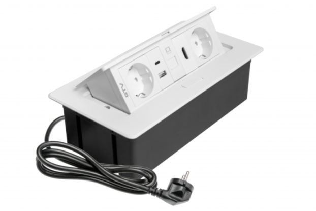 AE-PBSURH2GS-10 ავეჯის როზეტი თეთრი MULTISOFT, 2xSCHUKO, USB A+C, RJ45, HDMI, კაბელი ჩანგლით, GTV