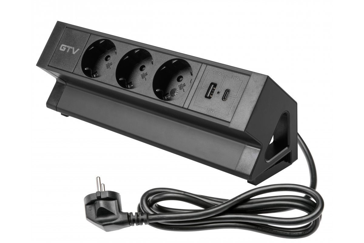 AE-GMBAS3S2U-20 ავეჯის როზეტი სამაგრით შავი BASCO, 3xSCHUKO, USB A+C, RJ45, HDMI, კაბელი 1.5მ, GTV