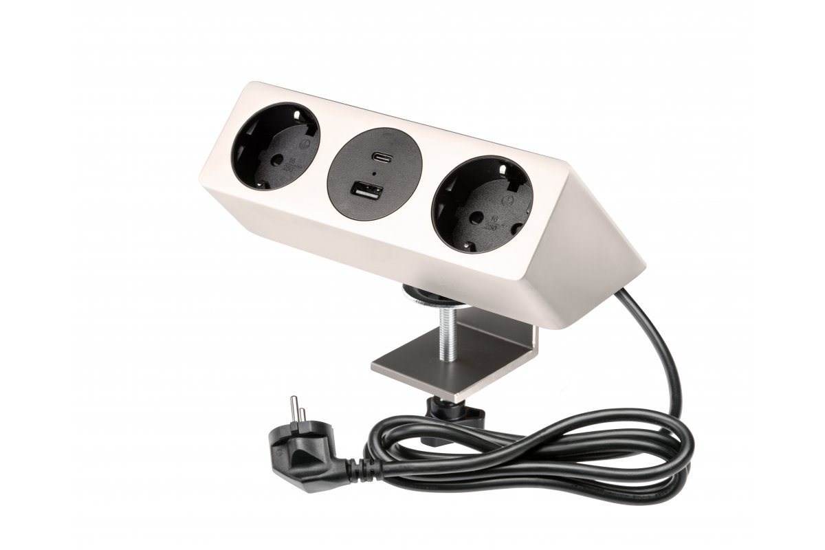 AE-GMSOF2S2U-51 ავეჯის როზეტი სამაგრით ინოქსი BASCO,3xSCHUKO,USB A+C,RJ45,HDMI,კაბელი 1.5მ GTV