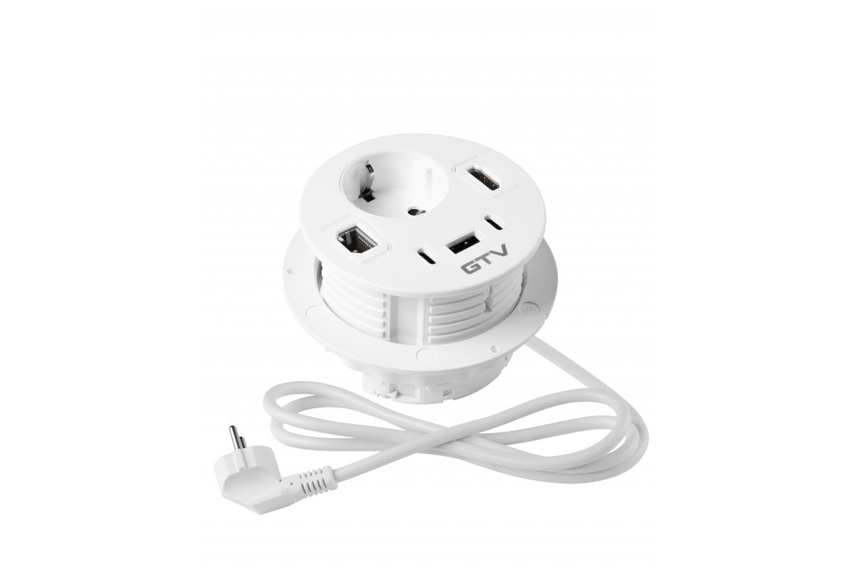 AE-GMRON1S3URH-10 ავეჯის როზეტი თეთრი RONDO,1xSCHUKO,1xUSB A+2xUSB C, RJ45, HDMI, კაბელი 1.5მ GTV