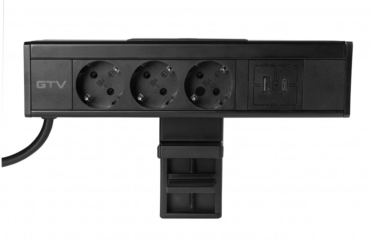 AE-GMNIC3S2U-20 ავეჯის როზეტი სამაგრით NICO, შავი, 3xSCHUKO,USB A+C, კაბელი 1.5მ GTV